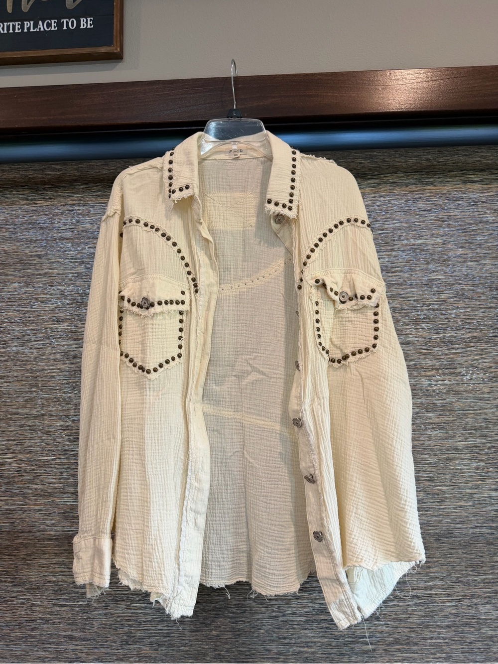POL Cream Stud-Trim Lightweight Jean Shirt Jacket